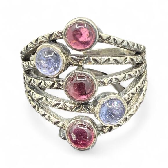 Natural Tanzanite Pink Tourmaline Ring 925 Sterling Silver Size 8 - Picture 2 of 4